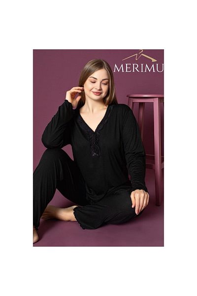 Meri Women's Large Size Navy Blue Long Sleeve V-Neck and Lace Bamboo Pajama Set Merimu
