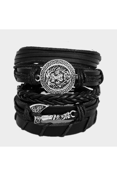 BSN Store 5-Piece Handmade Charm Genuine Leather Bracelet with Viking Lion Figure