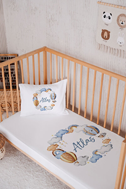 Lilabio İsme Özel %100 Pamuk Park Yatak Çarşaf Seti (100X120) Balon Ve Bulutlar