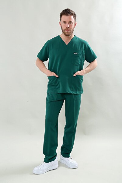 Scrubssy Basic Comfort Yeşil Erkek Cerrahi Takım Likralı Scrubs Doktor Medika...