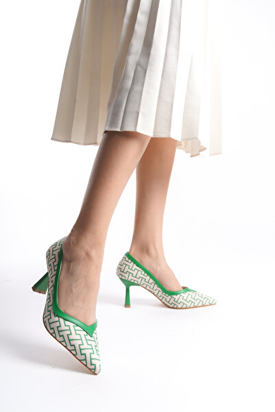 zaınexpress Lottis Green Geometric Patterned Pointed Toe Heeled Shoes