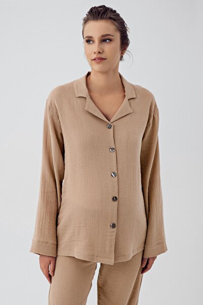 Artış Double Layer Muslin Cotton Adjustable High Waist Button Up Shirt Collar Maternity Pajamas Set