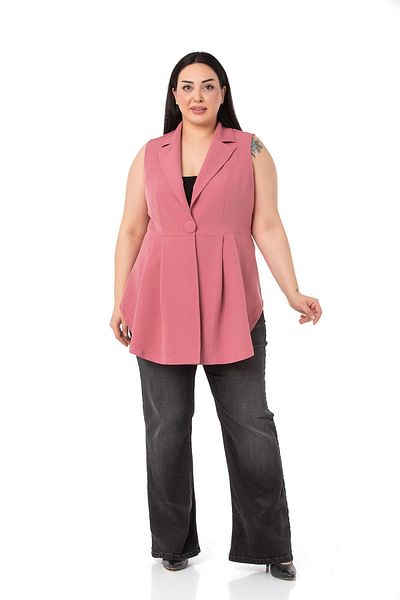 DISENTIS MODEST Large Size Covered Buttoned Skirt Pleated Short Back Dried Rose Vest