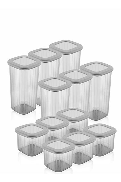 Vienev 12-Piece Poly Lid Striped Patterned Storage Container 6x (0,55-1,75 Liters) Anthracite White with Screen Printing