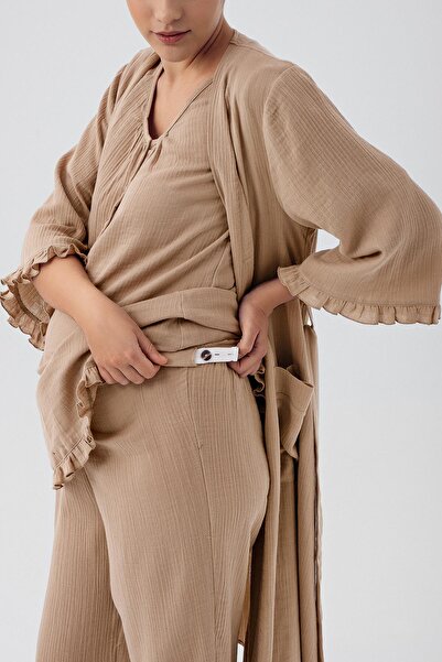 Artış Women's Double Layer Muslin Cotton Adjustable High Waist Short Sleeve Button Maternity Pajamas Set