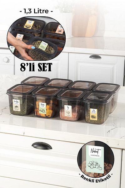 Vienev Set of 8 Peggy Rectangular Storage Container with Colorful Labels 1.3 Liter Anthracite