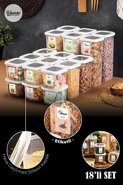 Vienev Square Food Storage Container with Colorful Label 18 Pieces Set 6x (0.55 Liters, 1.2 Liters, 1.75 Liters) White