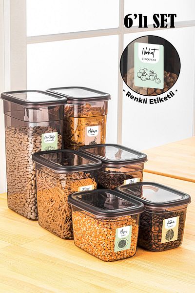 Vienev Set of 6 Peggy Rectangular Storage Containers with Colorful Labels 2x (1.3-2-3.2 Liters) Anthracite