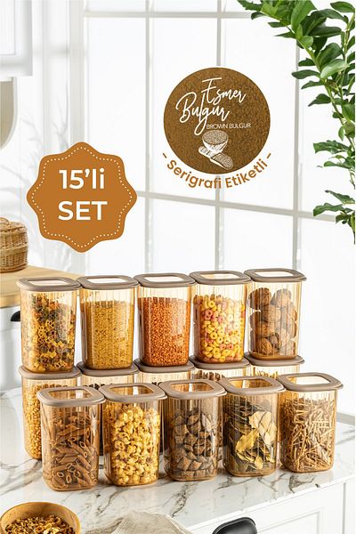 Vienev Set of 15 Gold White Screen Printing Label Striped Pattern Storage Containers - 1.2 Liter Poly Lids