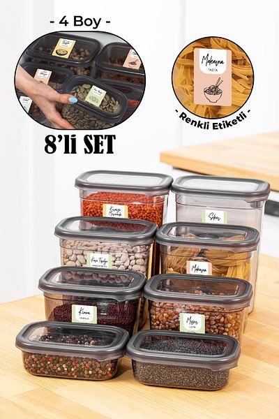 Vienev Set of 8 Peggy Rectangular Storage Containers with Colorful Labels 4x(1500-1150 Ml) Anthracite