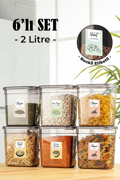 Vienev Set of 6 Peggy Rectangular Storage Container with Colorful Labels 2 Liters Anthracite