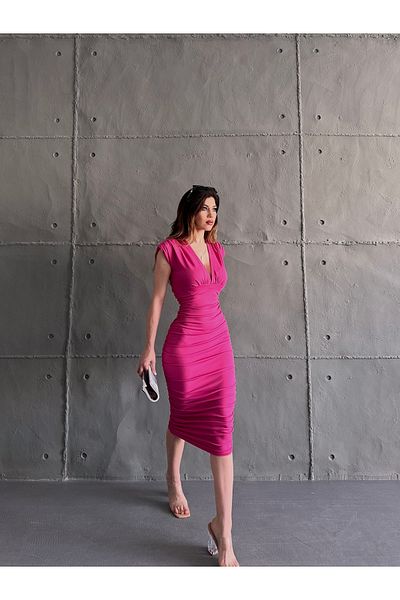 Fav Style Rochie midi de damă, fără mâneci, căptușită, cu decolteu în V, fucsia
