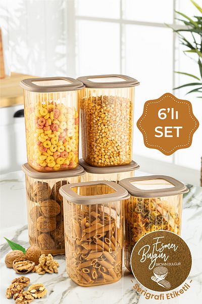 Vienev 6-Piece Striped Patterned Storage Container with Gold and White Screen Printing Labels, 1.2 Liters