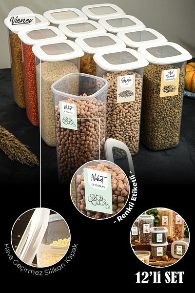 Vienev Square Food Storage Container with Colorful Labels Set of 12 1.75 Liters White