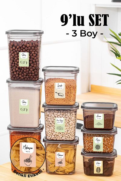 Vienev Set of 9 Peggy Rectangular Storage Containers with Colorful Labels 3x(1500-1150-800 Ml) Anthracite