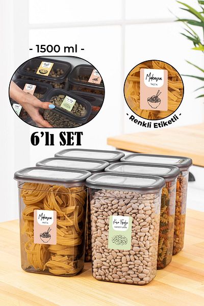 Vienev Set of 6 Peggy Rectangular Storage Containers with Colorful Labels 1500 Ml Anthracite
