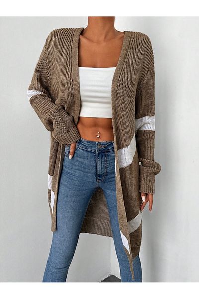 rengamoda Cardigan lung de tricotaj supradimensionat blocat, cu talie confortabilă, pentru femei (colorat)