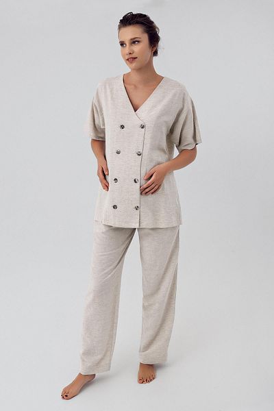 Artış Linen Short Sleeve Oversize Maternity Shirt Adjustable High Waist Pants Set