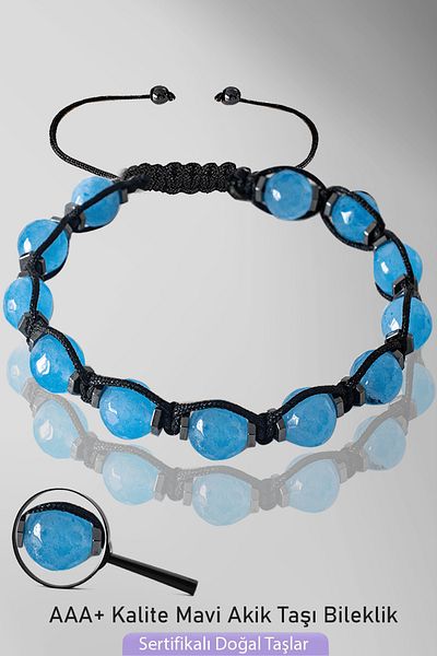 Tesbih Atölyesi Certified Macrame Natural Faceted Blue Agate Stone Bracelet - Adjustable