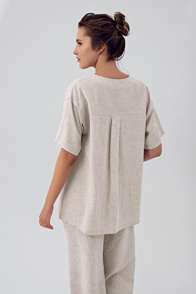 Artış Γυναικείο λινό κοντομάνικο διπλό υπερμεγέθη πουκάμισο