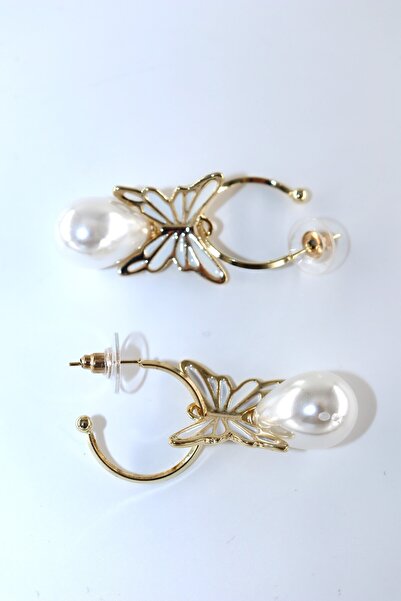 TUM TUM Kelebekli Inci Taşlı Çelik Küpe. Kombin Sallantılı Inci Taşlı, Kelebekli Çelik Küpe.