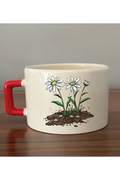 lili hediyelik Daisy in Soil Themed Cup Mug - Ceramic Tea, Coffee Gift Cup