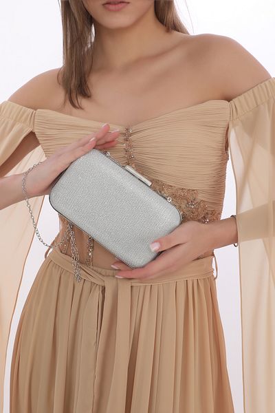 womenacs Ασημί χρώμα Breast μοτίβο βραδινό φόρεμα Portfolio Clutch Γυναικεία τσάντα χειρός και μακρύ λουράκι