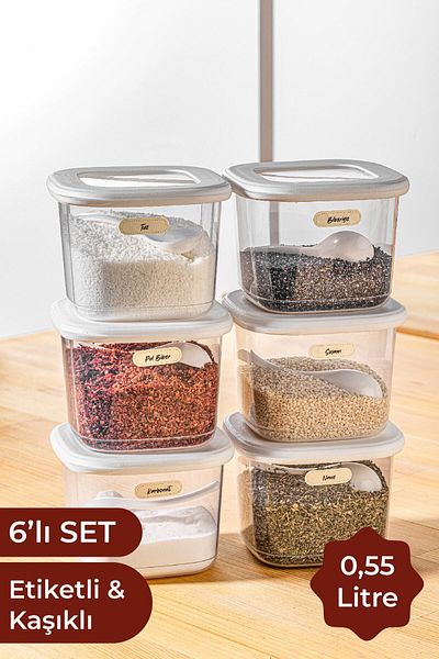 Vienev Square Food Storage Container with Labeled Spoon Set of 6 Small Size 0.55 Liters White