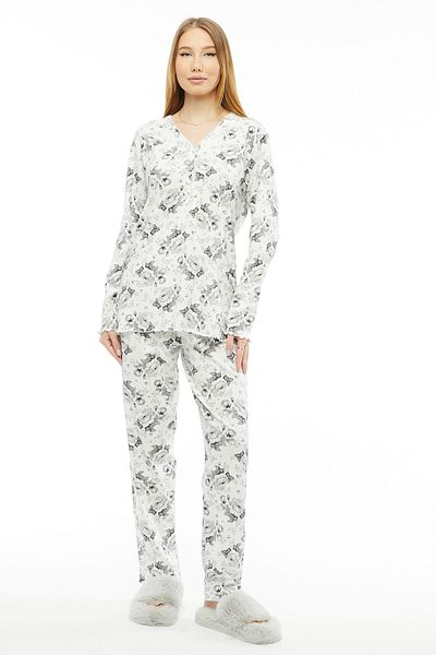 ANGELİNA White Rib Long Sleeve Thick Cotton Women's Pajamas Set - 6880