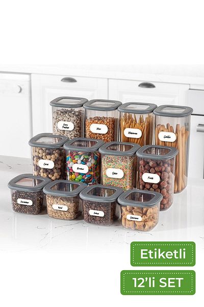 Vienev Set of 12 Square Food Storage Container with Label 4x (0.55 LITER, 1.2 LITER, 1.75 LITER) Anthracite