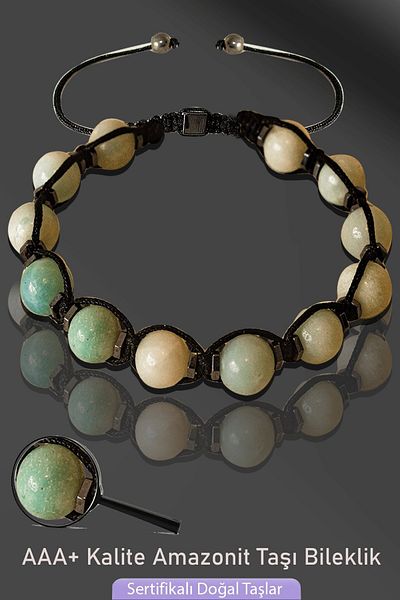Tesbih Atölyesi Certified Macrame Real Amazonite Stone Bracelet - Adjustable