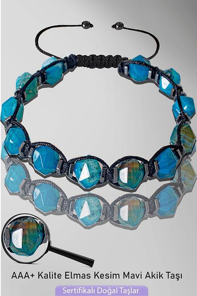 Tesbih Atölyesi Certified AAA+ Hematite Diamond Cut Blue Agate Stone Bracelet - Adjustable