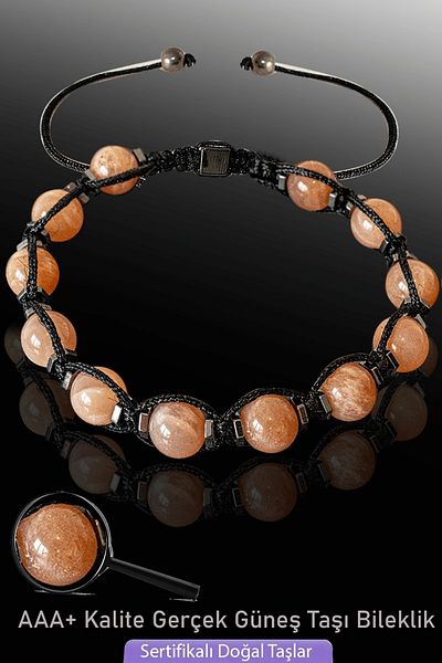 Tesbih Atölyesi Certified Macrame Hematite Real Sun Stone Bracelet - Adjustable