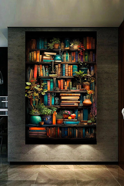 Genel Markalar DU TO ÖZEL TASARIM KÜTÜPHANEDEKİ KİTAPLAR VE ÇİÇEKLER KANVAS T...