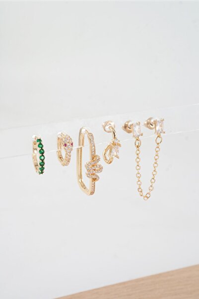 By Zeyna Aksesuar Kadın Vip Seri Özel Tasarım Baget Zirkon Taşlı 6'lı Küpe Seti