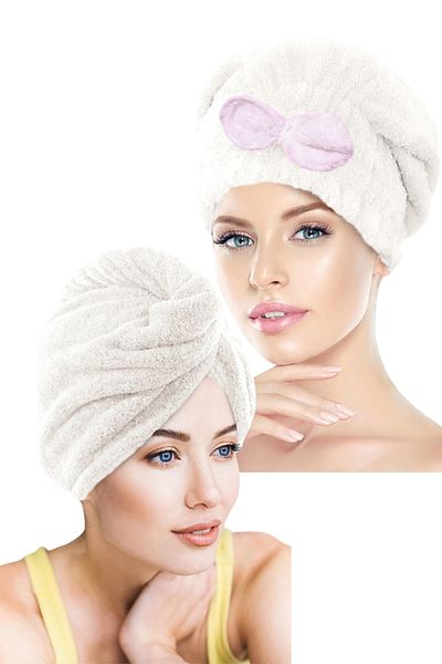 CHIZGY Double Set Hair Towel Cap with Elastic Bow & Microfiber 2 Button Hair Towel