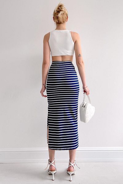 Touz Moda Y2k μακριά ριγέ φούστα Navy Blue-White
