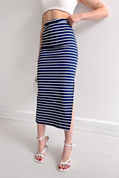 Touz Moda Y2k μακριά ριγέ φούστα Navy Blue-White