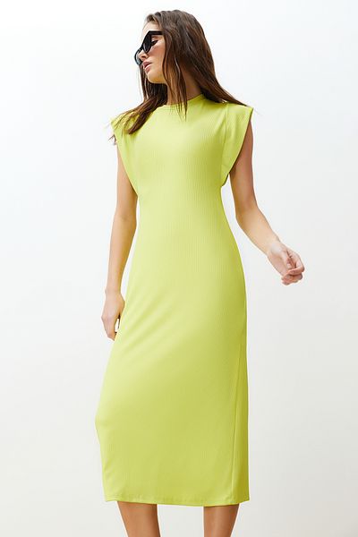 Trendyol Collection Lime Fitted Moon Sleeve Ribbed Flexible Midi Knitted Pencil Dress TWOSS24EL00187