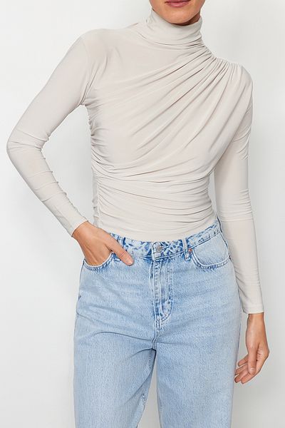 Edit by Trendyol Beige High Collar Gathered Long Sleeve Blouse TWOAW24BZ00466