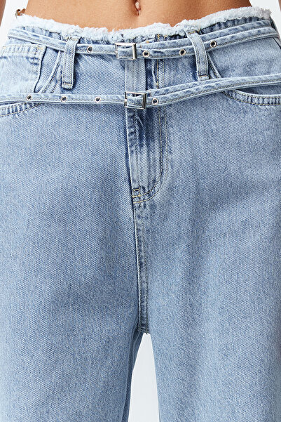 Trendyol Collection Modrá Udržitelnější pas Detailní Džíny s vysokým pasem a širokými nohavicemi TWOSS24JE00142