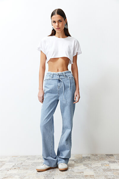 Trendyol Collection Modrá Udržitelnější pas Detailní Džíny s vysokým pasem a širokými nohavicemi TWOSS24JE00142