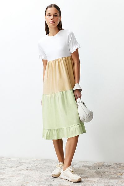 Trendyol Collection Mehrfarbiges, kurzärmliges Strick-T-Shirt-Kleid in A-Linie/Glockenform mit Rundhalsausschnitt und Farbblock TWOSS24EL00192