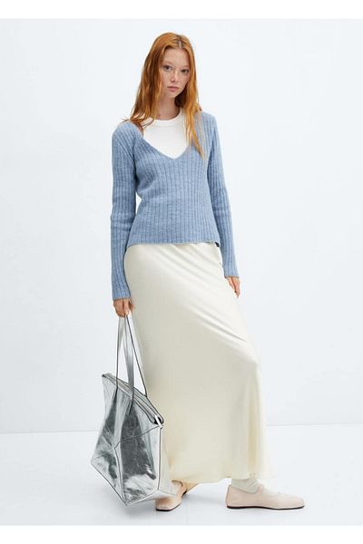 MANGO Woman Pulover din tricot din cauciuc cu decolteu în V