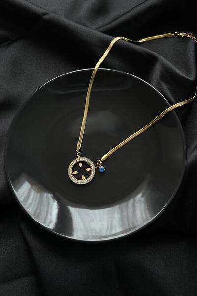 Allmisse Altın Kaplama Nazar Boncuklu İtalyan Zincir Detaylı Çeyrek Takılan Çelik Kolye