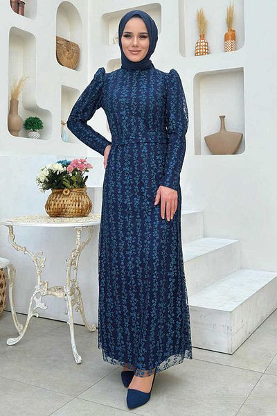 Bym Fashion Βραδινό φόρεμα από τούλι με φλοράλ μοτίβο γκλίτερ 1108 Navy Blue
