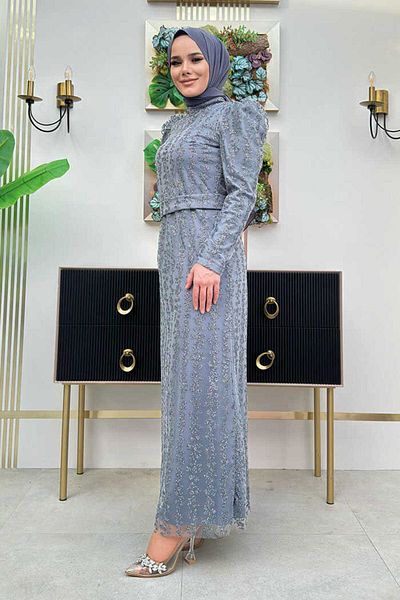 Bym Fashion Βραδινό φόρεμα από τούλι με φλοράλ μοτίβο 1108 γκρι