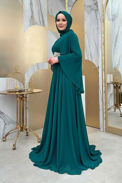 Bym Fashion فستان سهرة شيفون بتفاصيل مطرزة بالأحجار على الخصر 5001 زمردي