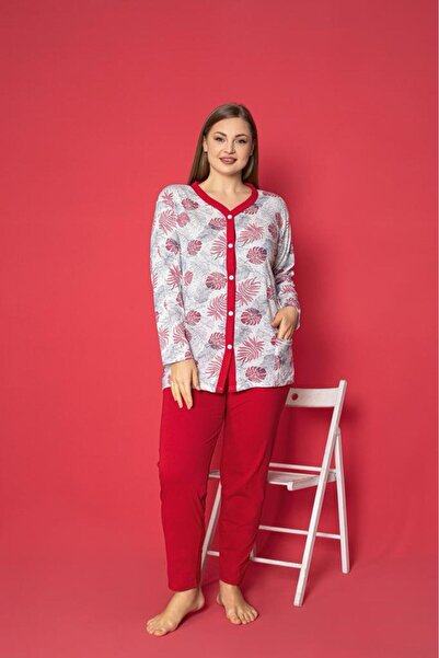Farya Home X-Dreamy Large Size Cotton Pocketed Floral Front Buttoned Pajamas Set