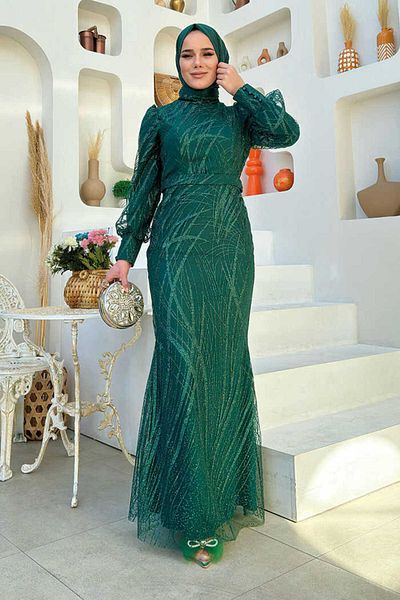 Bym Fashion فستان سهرة منقوش بحزام خصر على شكل سمكة 1139 زمردي